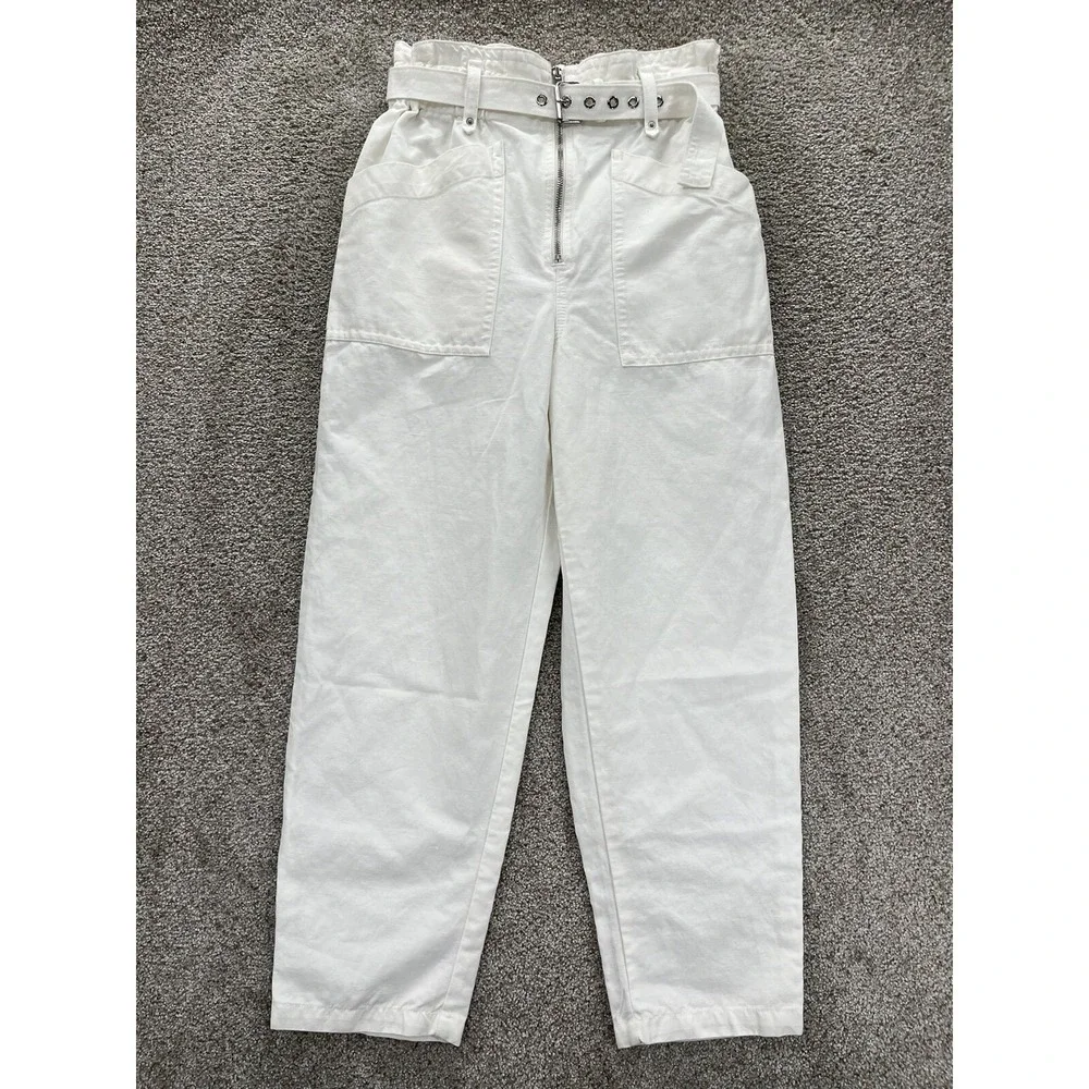 Banana Republic Linen Blend Pants‎ Womens 2 White High Rise Paper Bag Zip Belted